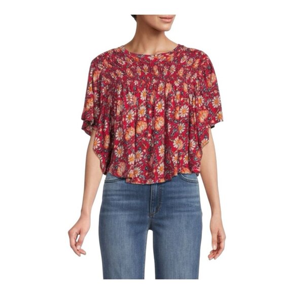 Free People Tops - Free People Printed Ruffled Up Linen Blend Top Large Red Floral Cropped NWOT